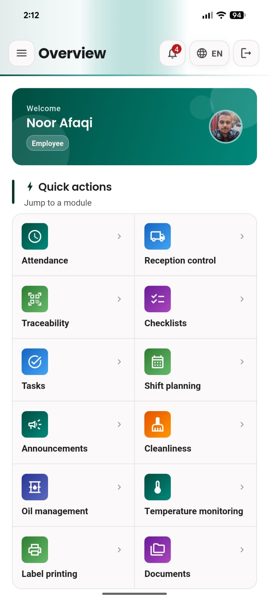 HygiControl app dashboard showing quick actions for attendance, reception, traceability, and more