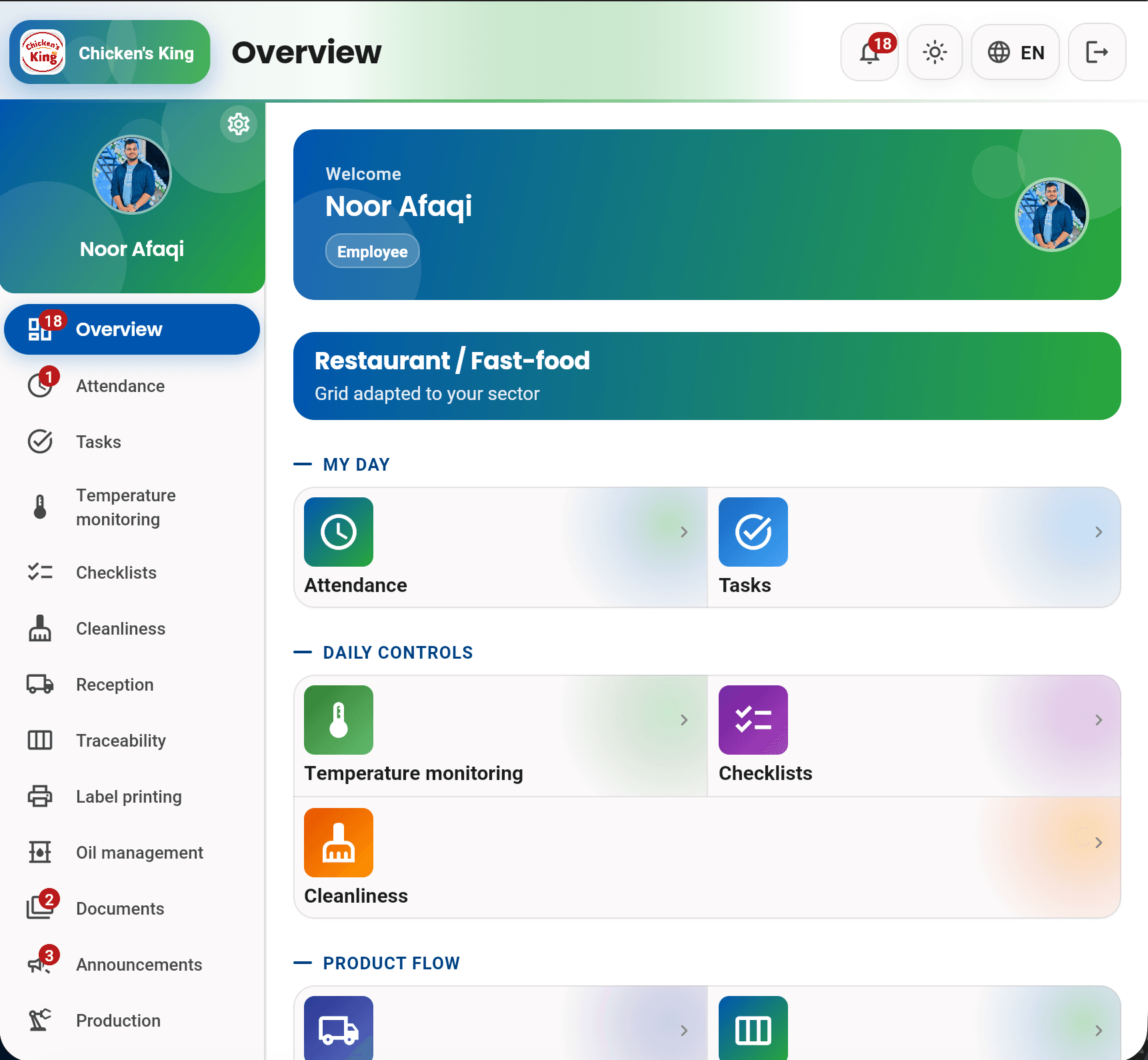 HygiControl app dashboard showing quick actions for attendance, reception, traceability, and more